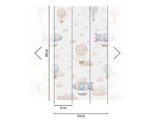 Tapeta s teplovzdušnými balónmi a vzducholoďami, rozmery 280 cm vysoká a 159 cm široká