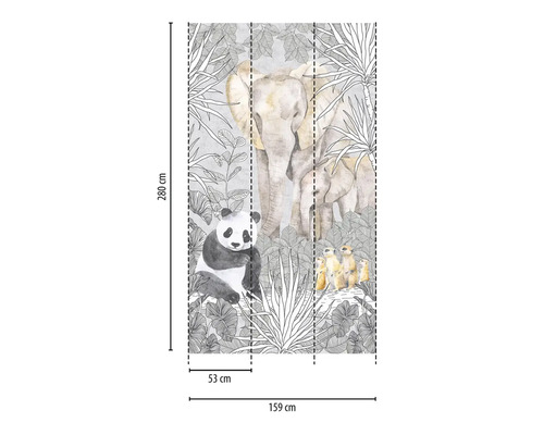 Foto tapeta so slonmi, pandou a surikatami v džungli, rozmery