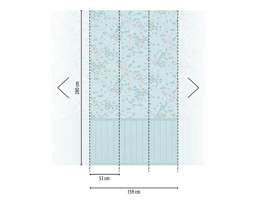 Rozmery vzorovanej tapety s motívmi listov a rýb, výška 280 cm, šírka 159 cm
