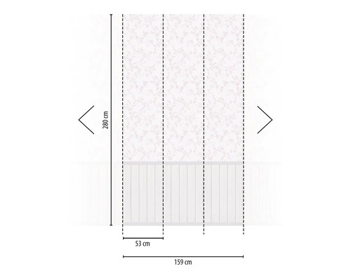 Rozmery tapety s kvetinovým vzorom, skladajúcej sa z niekoľkých pruhov, kde výška je 280 cm a celková šírka je 159 cm.