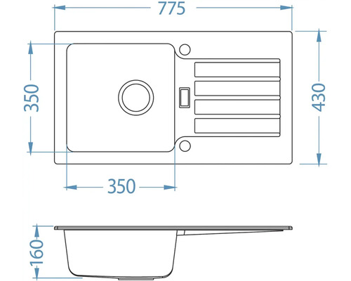 Technický výkres kuchynského drezu s rozmermi 775 x 430 x 160 mm