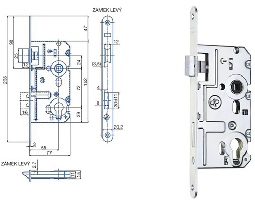 Obrázok dverového zámku s technickými výkresmi