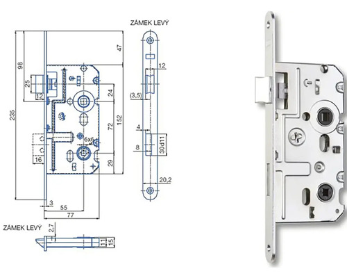 Technický nákres a fotografia zadlabacieho zámku pre ľavé dvere s rozmermi.