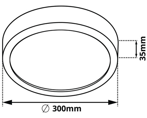 Technický nákres okrúhleho svietidla s rozmermi 300 mm v priemere a 35 mm na výšku