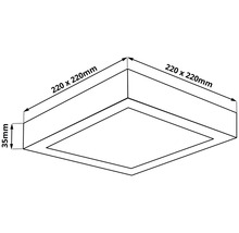 Technický nákres stropného svietidla s rozmermi 220 x 220 x 35 milimetrov.