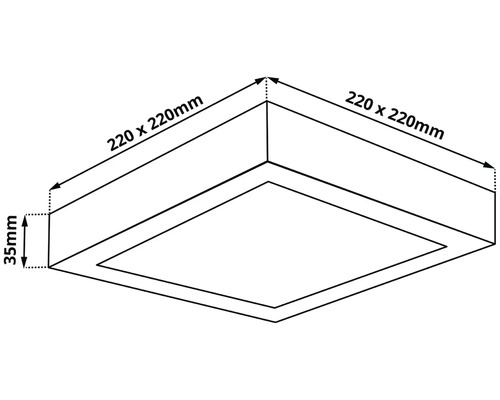 Technický nákres stropného svietidla s rozmermi 220 x 220 x 35 milimetrov.