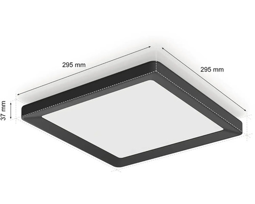 Štvorcové stropné svietidlo s rozmermi 295 mm x 295 mm x 37 mm.
