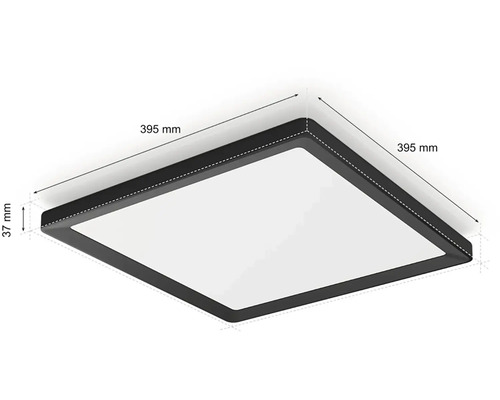 Štvorcové stropné svietidlo s rozmermi 395 krát 395 milimetrov a výškou 37 milimetrov.