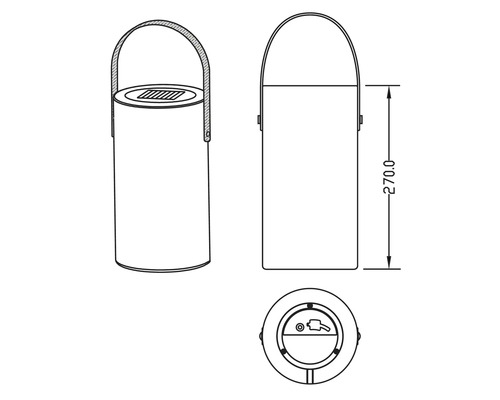 Technický výkres solárnej lampy s rukoväťou a rozmermi výšky 270 mm.