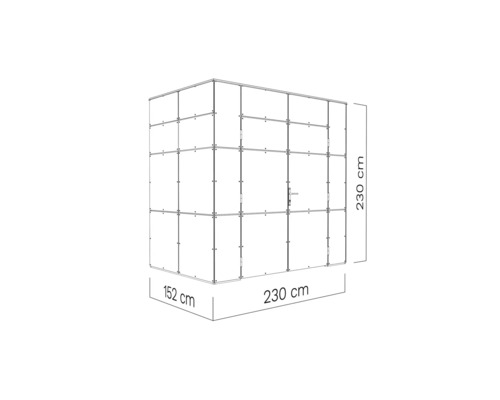 Zobrazenie záhradného domčeka s rozmermi 230 cm x 230 cm x 152 cm.
