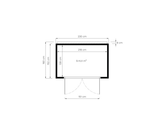 Pôdorys záhradného domčeka s rozmermi 230 x 160 centimetrov