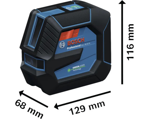 Logo spoločnosti Bosch. Krížový čiarový laser Bosch GLL 20-22 G Professional s rozmermi 116 x 68 x 129 mm.