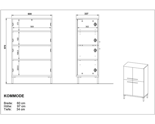Technický nákres komody s rozmermi