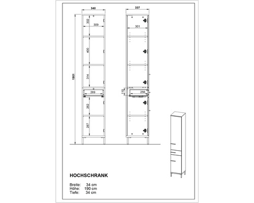 Technický nákres vysokej skrine s údajmi o šírke, výške a hĺbke