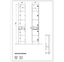 Technický nákres vysokej skrine s rozmermi