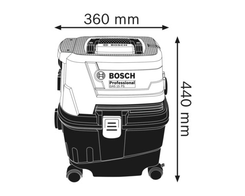 Vysávač Bosch GAS 15 PS s rozmermi 360 mm šírka a 440 mm výška