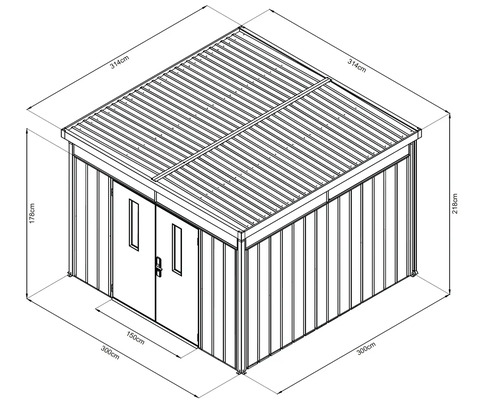 Obrázok záhradného domčeka s rozmermi 314 cm x 300 cm x 218 cm