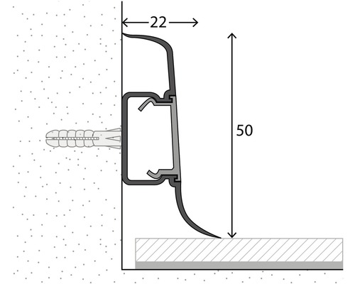 Obrázok soklového profilu s rozmermi 22 a 50 milimetrov.