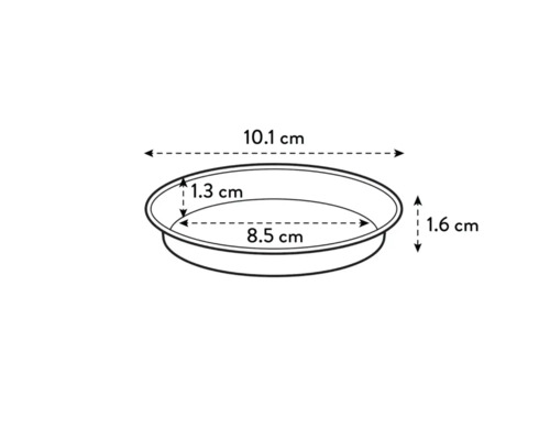 Rozmery okrúhlej misky na rastliny: šírka 10,1 cm, výška 1,6 cm, vnútorný priemer 8,5 cm a hĺbka 1,3 cm