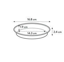 Nákres okrúhlej misky na rastliny s rozmermi 16,8 cm vonkajší priemer, 14,3 cm vnútorný priemer, 1,9 cm vnútorná výška, 2,4 cm vonkajšia výška