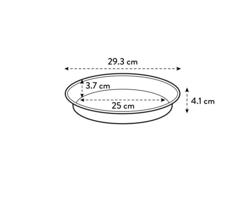 Technický nákres okrúhlej misky na rastliny s rozmermi 29,3 cm x 25 cm x 4,1 cm x 3,7 cm.