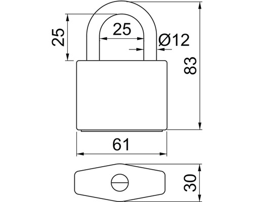Technický nákres visiaceho zámku s rozmermi