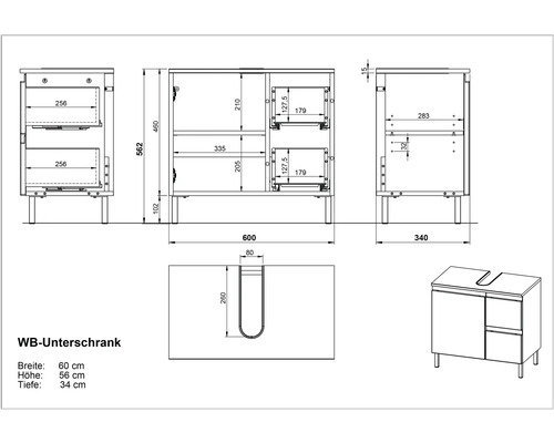 Technický nákres skrinky pod umývadlo s rozmermi
