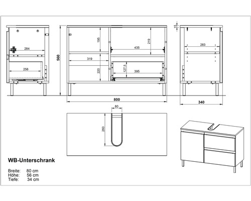 Technický nákres skrinky pod umývadlo s rozmermi