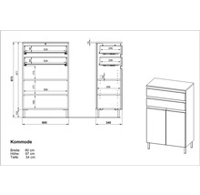 Technický nákres komody s údajmi o šírke, výške a hĺbke
