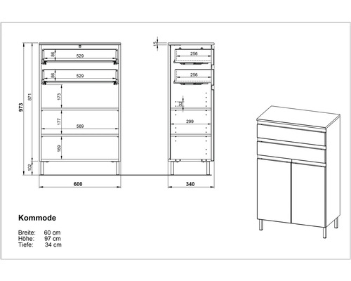 Technický nákres komody s údajmi o šírke, výške a hĺbke