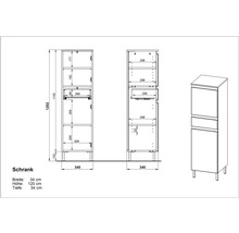 Technický nákres skrine s údajmi o šírke, výške a hĺbke