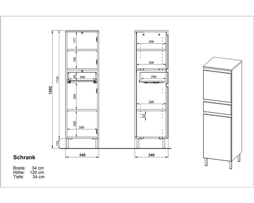 Technický nákres skrine s údajmi o šírke, výške a hĺbke