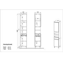 Technický nákres vysokej skrine s rozmermi.