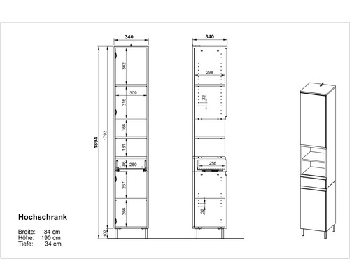 Technický nákres vysokej skrine s rozmermi.