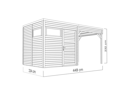 Ilustrácia záhradného domčeka s hĺbkou 234 centimetrov, šírkou 449 centimetrov a výškou 232 centimetrov.