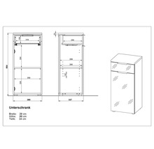 Technický nákres spodnej skrinky s údajmi o šírke, výške a hĺbke