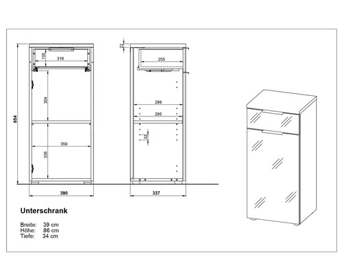 Technický nákres spodnej skrinky s údajmi o šírke, výške a hĺbke