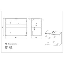 Technický nákres skrinky pod umývadlo s rozmermi
