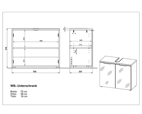 Technický nákres skrinky pod umývadlo s rozmermi