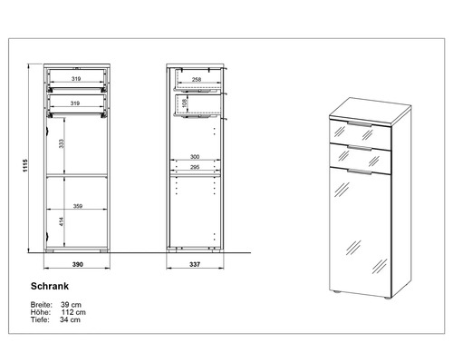 Technický nákres skrine s rozmermi