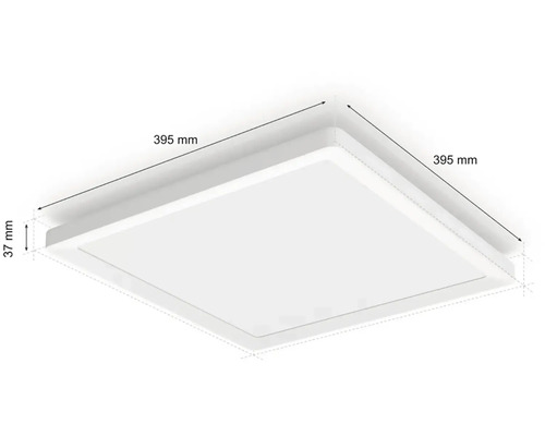 Štvorcové stropné svietidlo s rozmermi 395 x 395 x 37 milimetrov