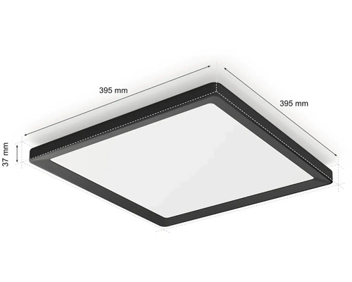 Štvorcové stropné svietidlo s rozmermi 395 × 395 × 37 milimetrov.