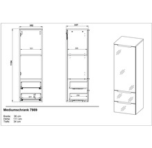 Technický nákres vysokej kúpeľňovej skrinky s rozmermi
