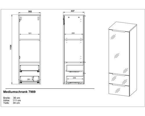 Technický nákres vysokej kúpeľňovej skrinky s rozmermi
