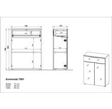 Technický nákres komody s údajmi o šírke, výške a hĺbke