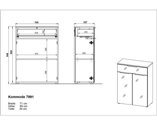 Technický nákres komody s údajmi o šírke, výške a hĺbke