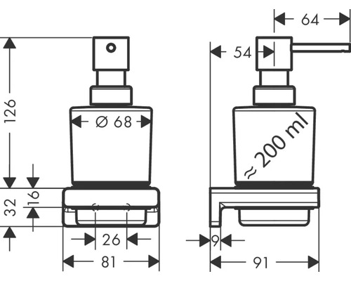 Technický výkres dávkovača mydla s rozmermi