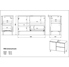 Technický nákres skrinky pod umývadlo s rozmermi