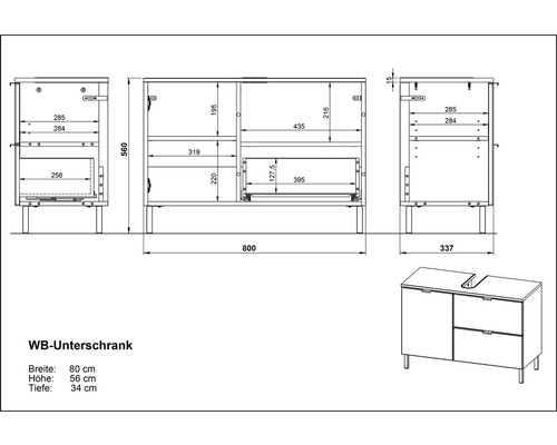 Technický nákres skrinky pod umývadlo s rozmermi