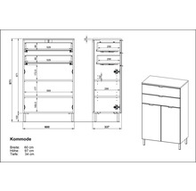 Technický nákres komody so zásuvkami a dvierkami, pohľad spredu a zboku s rozmermi
